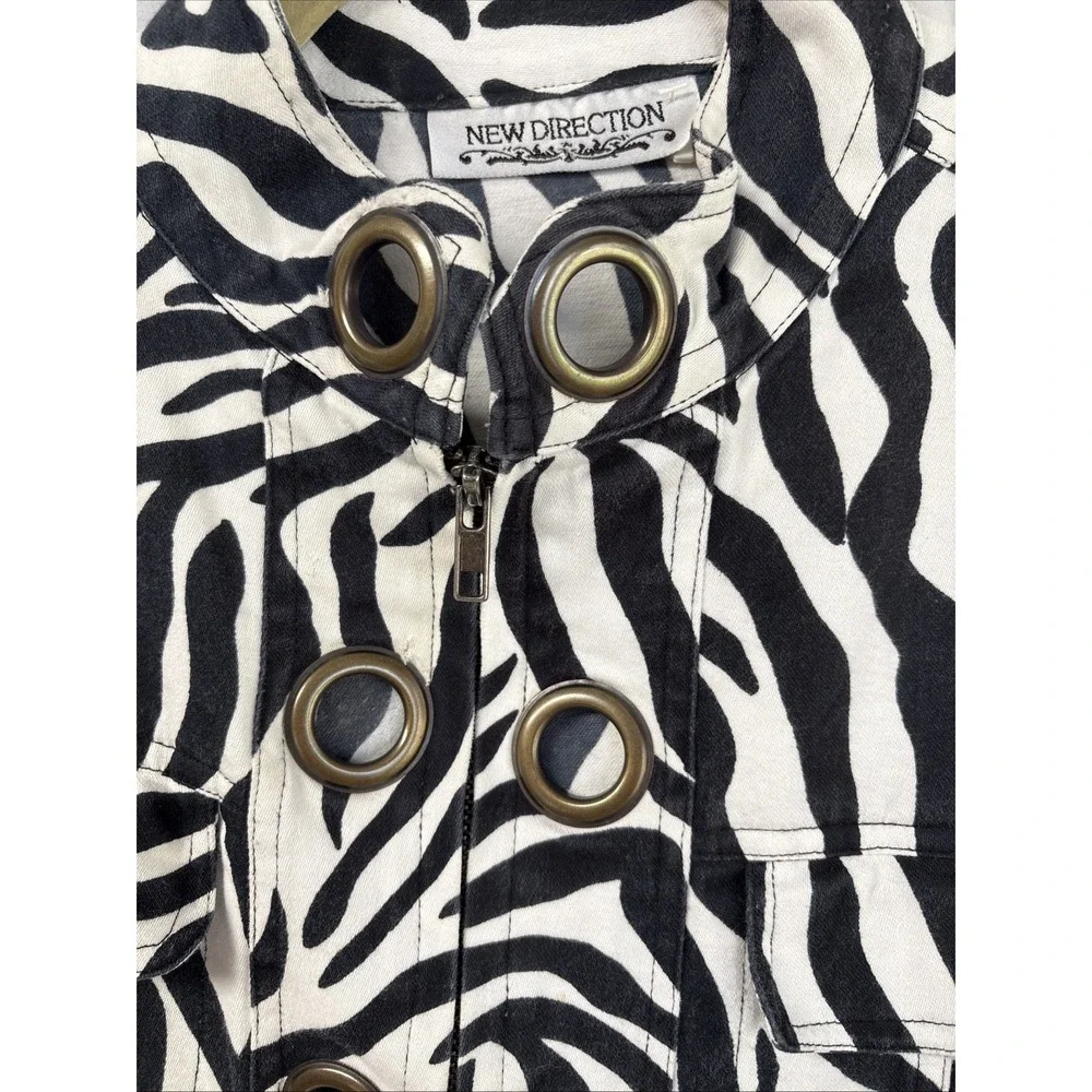 New Directions Zebra Print Canvas Studded Jacket Women Medium Black White Zip